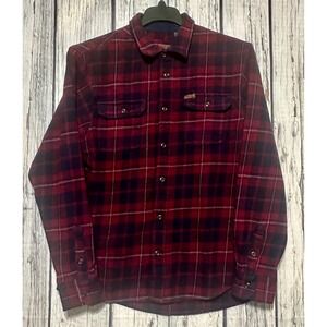 Orvis Flannel Shirt Mens L Red Plaid Twill Flap Pocket Shacket Heavyweight